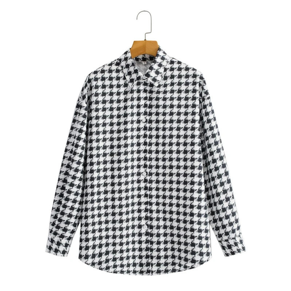 Spring Houndstooth Printed Long Sleeve Shirt Wide Leg Pants Set